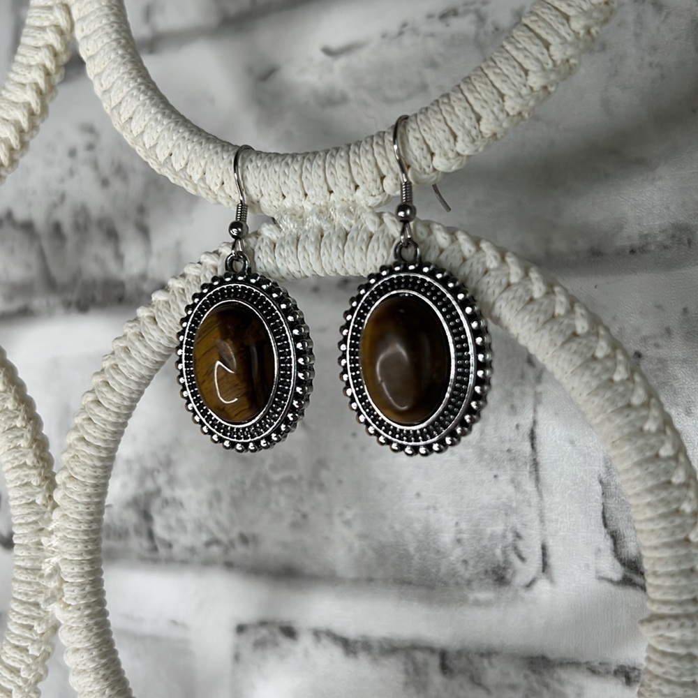 NWT South African Yellow Tiger’s Eye Dangle Earrings Silver